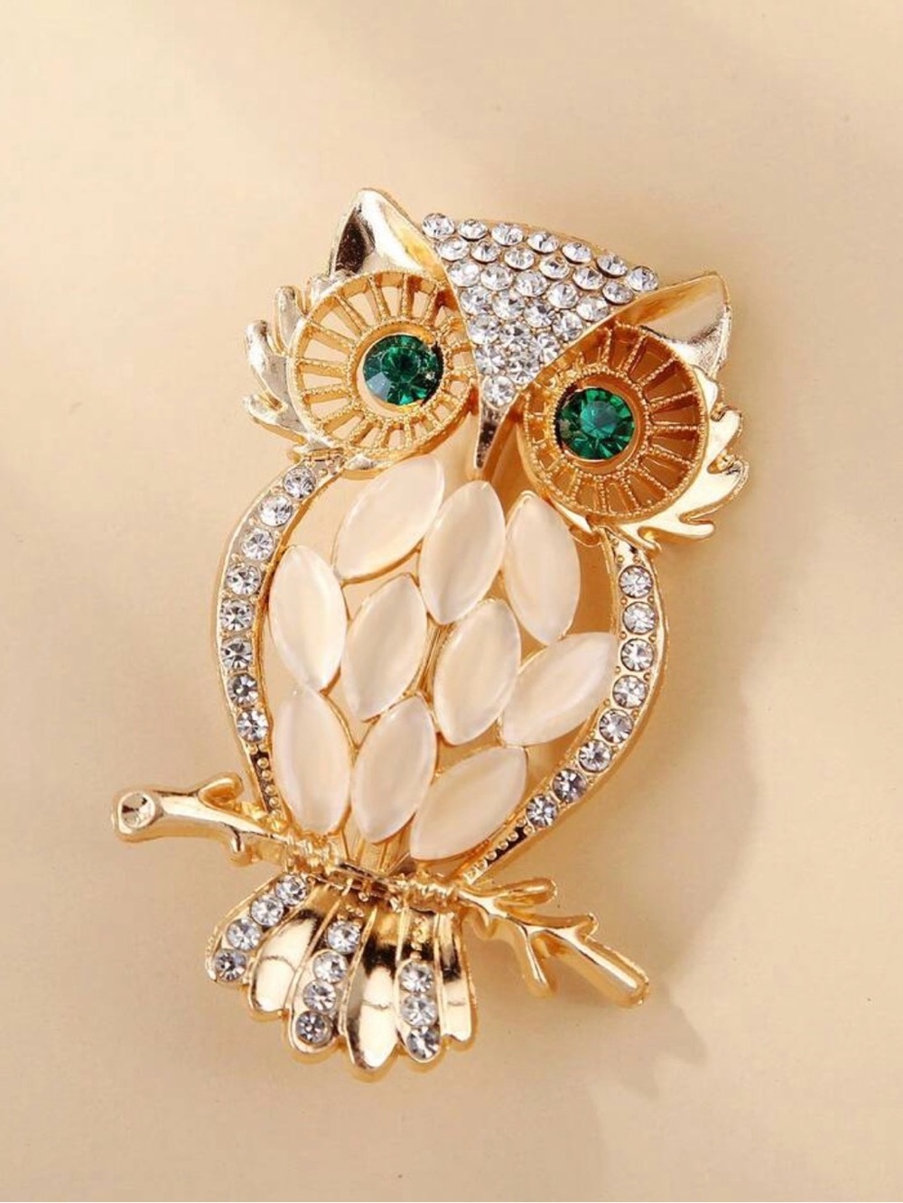 Gold Owl Brooch with Green Crystal Eyes and Cream Inlay
